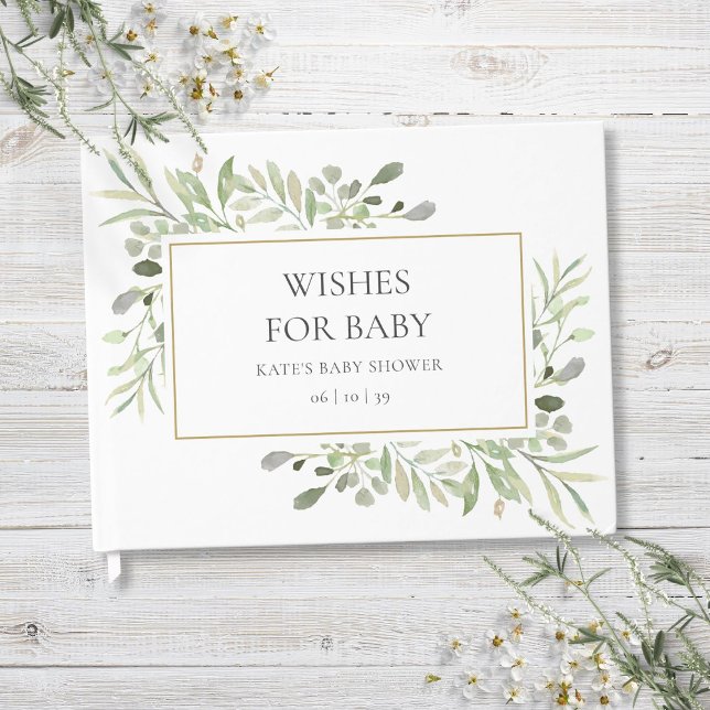 Önskningar för bebis Vattenfärg Grönska Guld Baby  Gästböcker (Wishes for Baby Watercolour Greenery Gold Shower Guest Book)