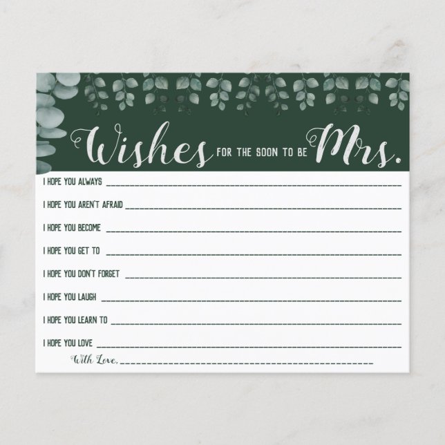 Önskningar för Bröllopsfesten för snart fru-kort Flygblad (Framsidan)