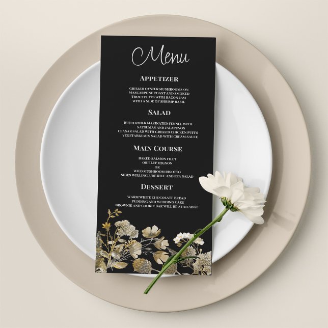 Onsonsmeny för ivoriansk svart bläckblomma program (Ivory brown black wildflower winter Wedding Menu)