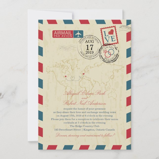 Ontario Canada & Belgium Vintage Airmail Bröllop Inbjudningar (Framsida)