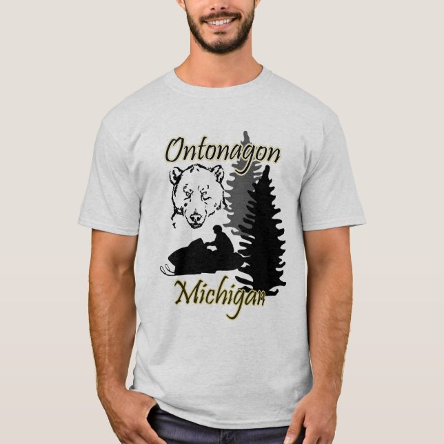 Ontonagon Michigan Snowmobile Bear Manar Grått Tee Shirt (Framsida)
