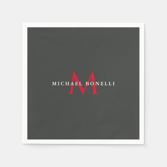 Onyx Black Red Monogram Modern Minimalist Pappersservett (Framsidan)