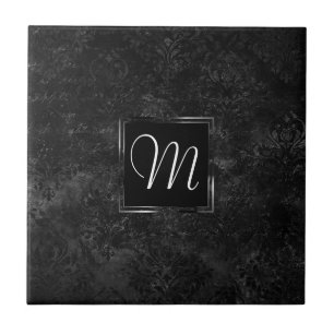 Onyx Black Velvet Kritskrifts-Grunge Monogram Kakelplatta