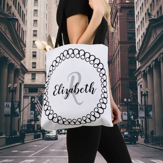 Onyx dekorativ cirkel Anpassa monogramverktyget Tygkasse (Onyx Decorative Monogram Tote Bag)