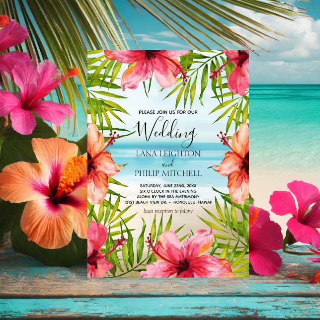 Öön Paradise Tropical Handflatan och Flowers Bröll Inbjudningar (Skapare uppladdad)