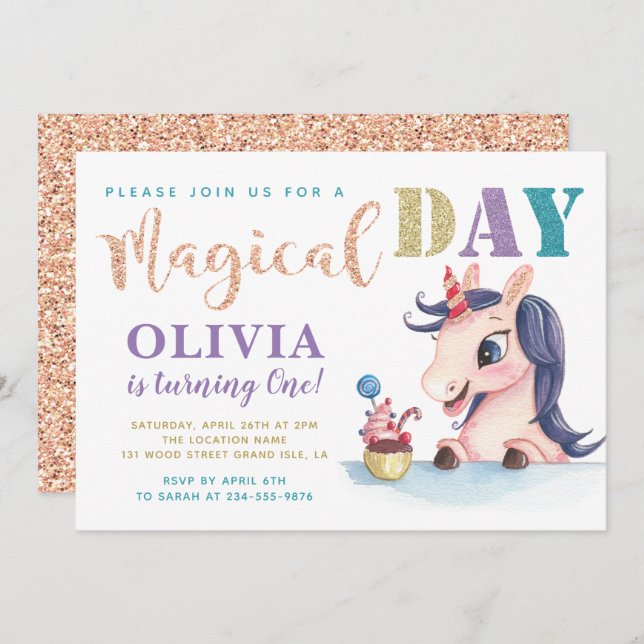 Oönskad inbjudan till Ro Guld Unicorn Birthday (Fram/baksida)