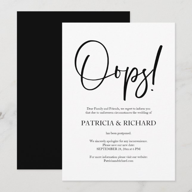 Oops Simple Chic Bröllop har skjutit upp meddeland Inbjudningar (Fram/baksida)