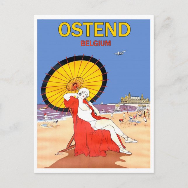Oostende, Belgien, kvinna på stranden med solskade Vykort (Framsida)