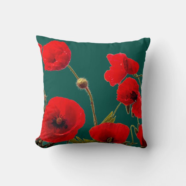Opal, cyan Deep Colour Red Poppy Flower-Blommigt Kudde (Framsida)