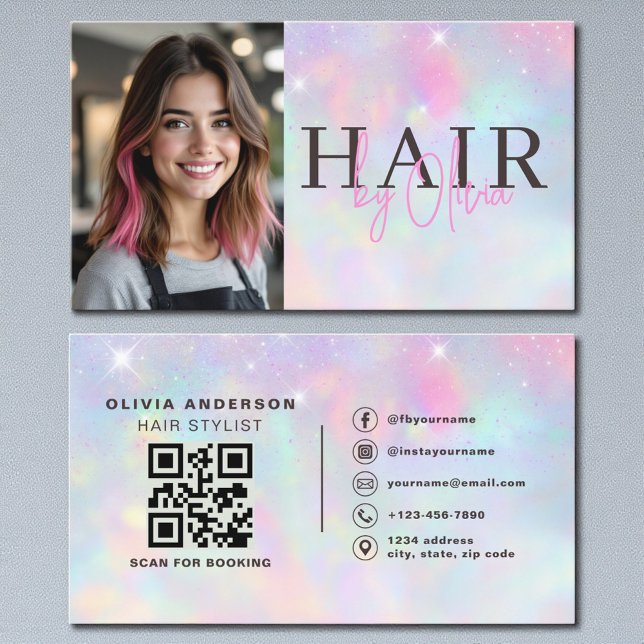 Opal Glitter Hair Stylist Photo QR Code  Visitkort (Skapare uppladdad)