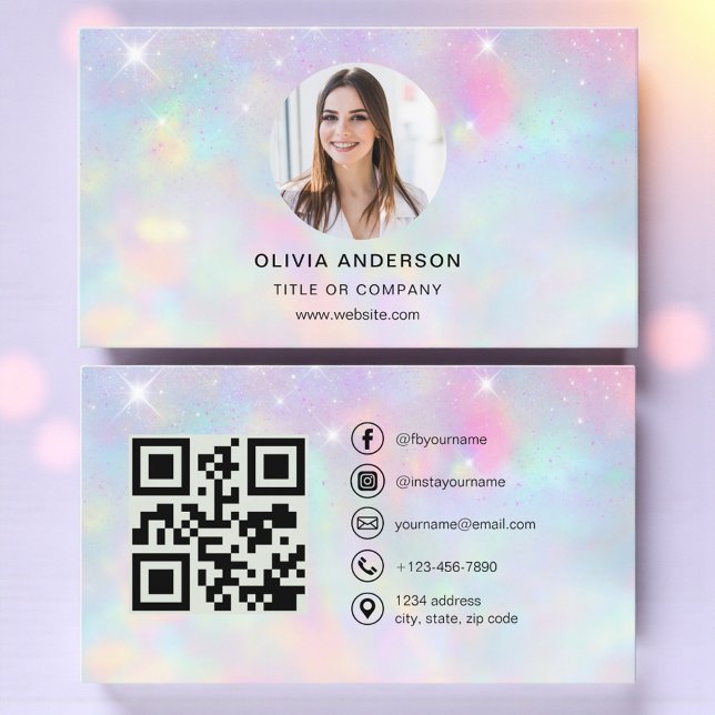 Opal Glitter Photo with QR Code Social Media Visitkort (Skapare uppladdad)
