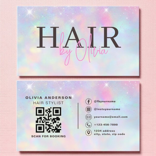 Opal Glitter QR Code Hair Stylist Modern Visitkort (Skapare uppladdad)