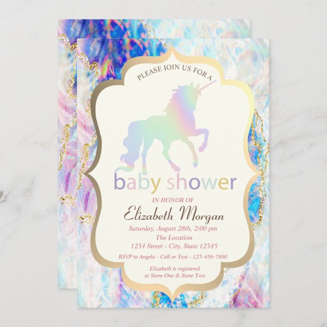 Opal HoloGrapcs Unicorn Baby Shower Inbjudningar (Fram/baksida)