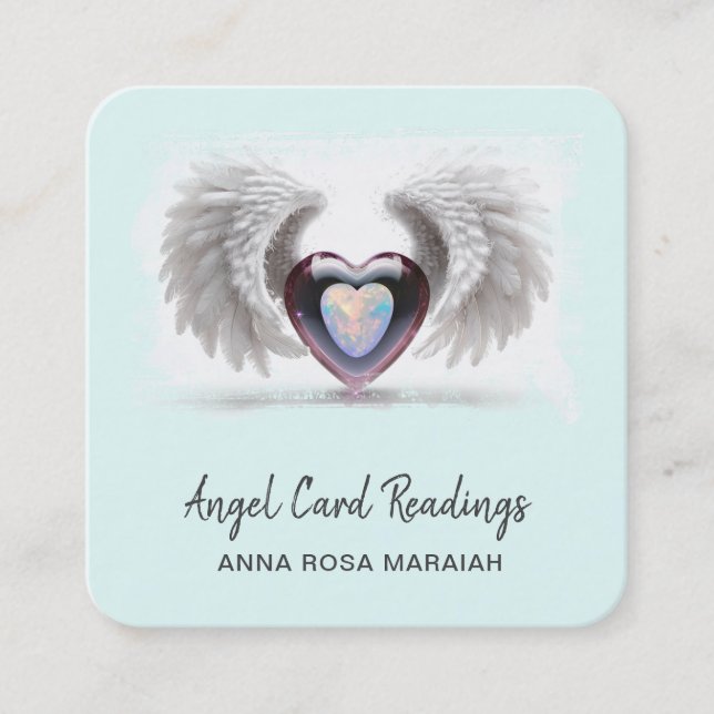 *~* Opal Two Heart QR Angel Vingar AP78 Aqua Fyrkantigt Visitkort (Framsida)