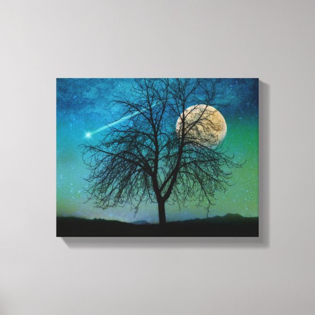 Opalescent Himlar, träd, skörd måne, eldstjärnor Canvastryck (Framsida)