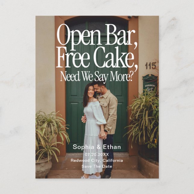 Open Bar Free Cake Photo Retro Save The Date Meddelande Vykort (Framsida)