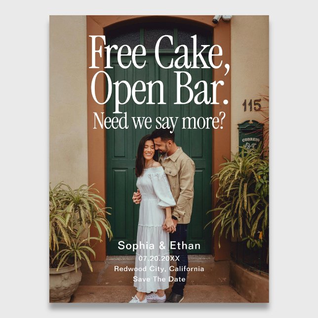 Open Bar Free Cake Photo Retro Save The Date Meddelande Vykort (Skapare uppladdad)