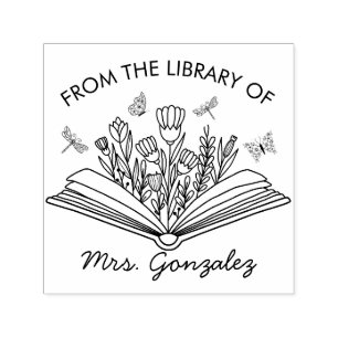 Open Bok Flowers Dragonflies Teacher Bibliotek Självfärgande Stämpel