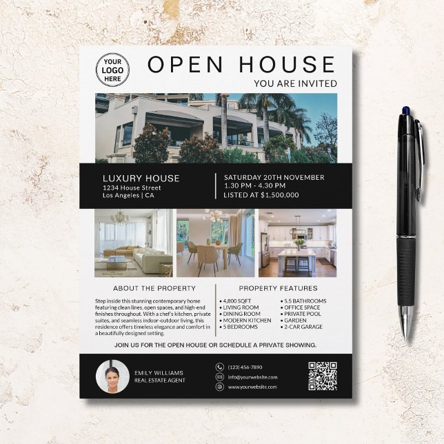 Open House Fastighetsmäklare Logo Foto QR Reklamblad (Open House Real Estate Broker Logo Photo QR Flyer)