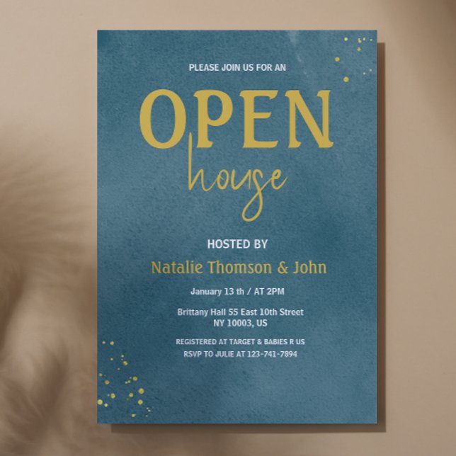 open House Navy Blue Sprinkle Guld Inbjudningar (open House Navy Blue Sprinkle Gold Invitation )