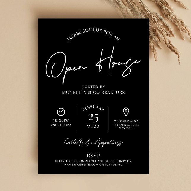 Open House Real Gods minimalist Black & White Inbjudningar (Minimalist black and white open house event invitation)