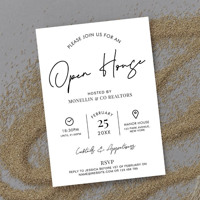 Open House Real Gods minimalist Black & White Inbjudningar (Elegant and chic Open House invitation to help you promote your next realty event)