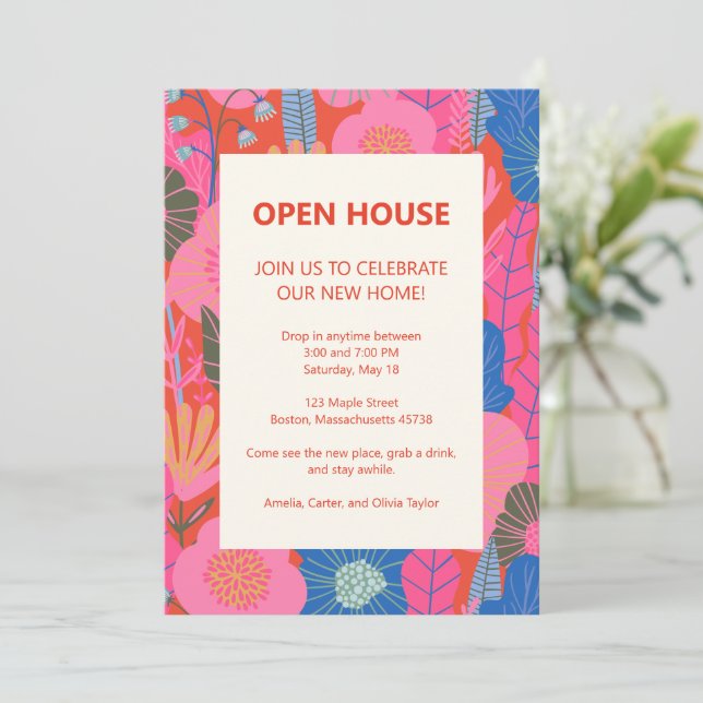 Open House Tropical Floral Pink Red Housewarming Inbjudningar (Stående Fram)