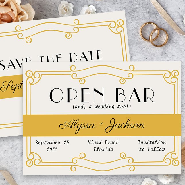 Open Pub Art Deco Ochre Gult och Grått Spara Datumet (Vintage Yellow Wedding Save the Date Card)