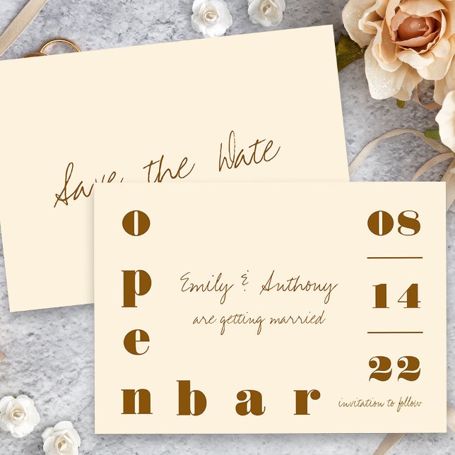 Open Pub Oversiphy Vintage Cream Bronze Spara Datumet (Open Bar Wedding Save the Date Card with handwritten wording)