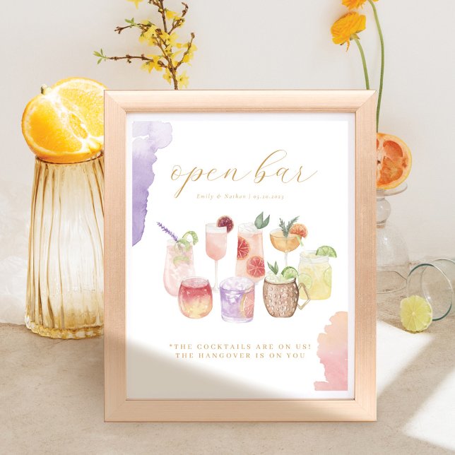 Open Pub Watercolor Citrus Cocktails Bröllop Drink Poster (Skapare uppladdad)