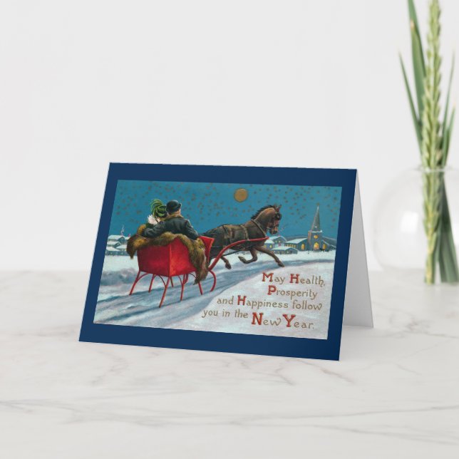 Open Sleigh Ride Vintage - nytt år Helgkort (Framsida)