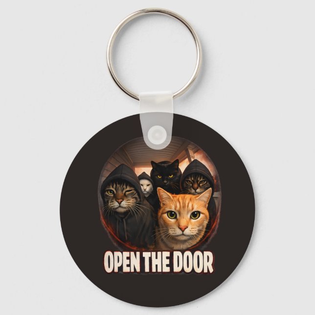 "Open The Door" Funny Cats in Hoodies Keychain Nyckelring (Framsida)