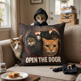 Open The Door Funny Cats in Hoodies Throw Pillow Kudde