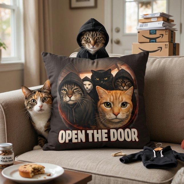 Open The Door Funny Cats in Hoodies Throw Pillow Kudde (Skapare uppladdad)