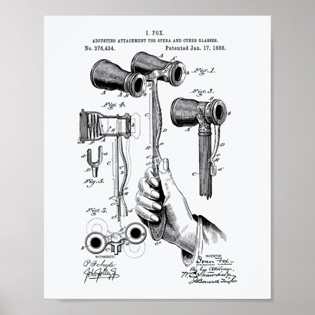 Opera Glass 1888 Patent Art White Papper Poster (Framsidan)