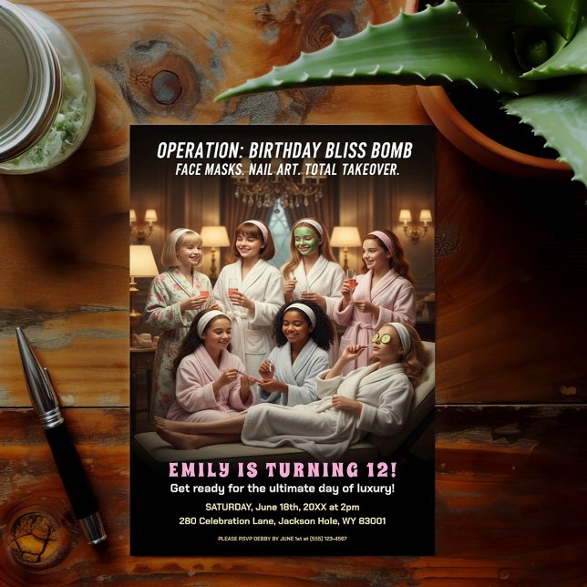 Operation Birthday Bliss Spa Party  Inbjudningar (Skapare uppladdad)