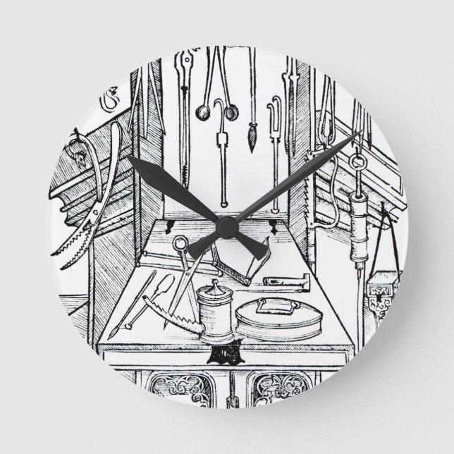 Operationsbord och kirurgiskt instrumenterar, från rund klocka (Framsida)