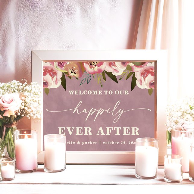 Ophelia Dusty Pink Blommig 'Happily Ever After'-sk Poster (Say "I DO" to Romantic Watercolor Florals and a Cottagecore Vibe with the Ophelia Wedding Suite.)