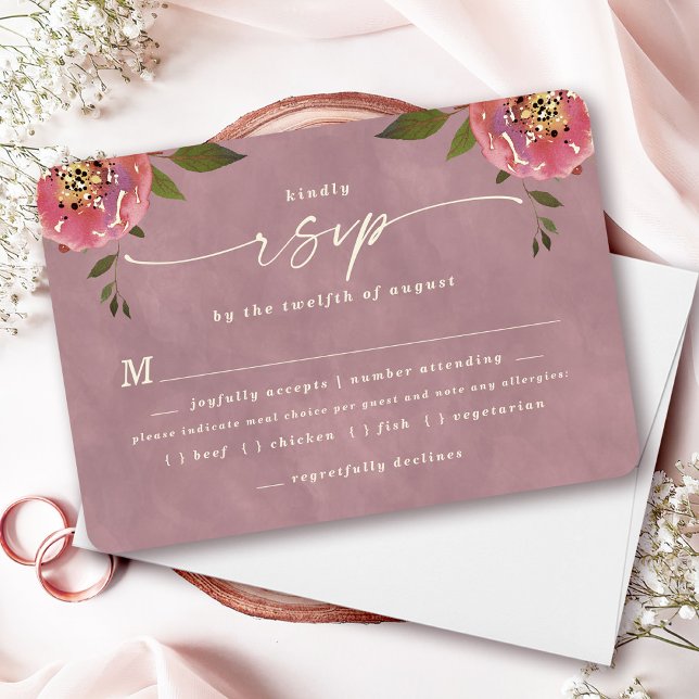 Ophelia Dusty Rosa Bröllop Meal Choice OSA kort (Say "I DO" to Romantic Watercolor Florals and a Cottagecore Vibe with the Ophelia Wedding Suite.)