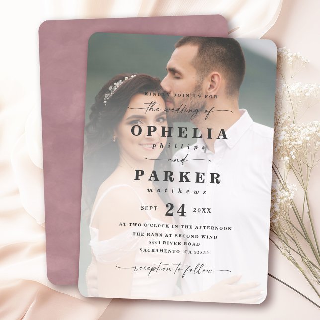 Ophelia Elegant Script Foto Bröllop Inbjudningar (Say "I DO" to Romantic Watercolor Florals and a Cottagecore Vibe with the Ophelia Wedding Suite.)