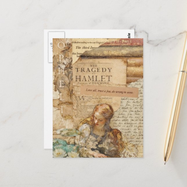 Ophelia Mixed Media Collage Vykort (Fram/Back In Situ)