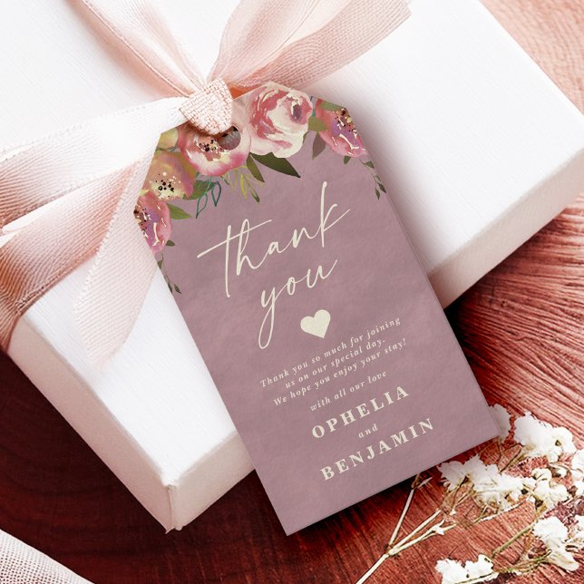 Ophelia Rosa Blommigt Bröllop Tack med Photo Presentetikett (Say "I DO" to Romantic Watercolor Florals and a Cottagecore Vibe with the Ophelia Wedding Suite.)