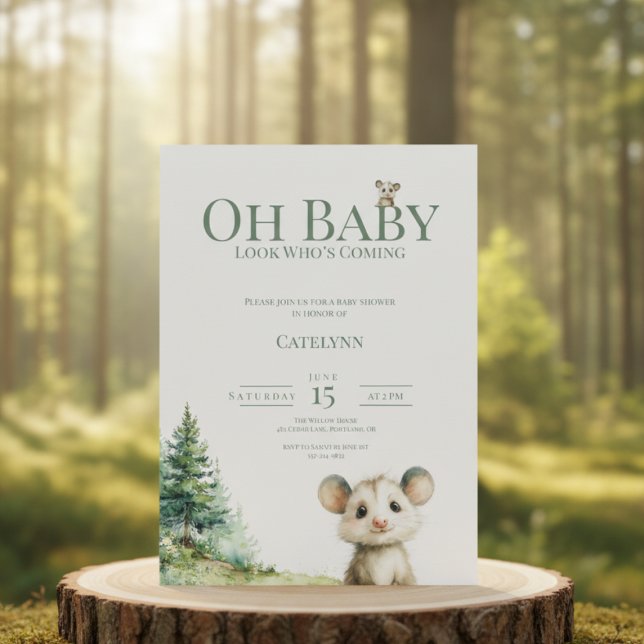 Opossum Baby Shower Invitation • Oh Baby Forest Julkort (watercolor baby shower invitation with opossum and forest trees on a clean white background)