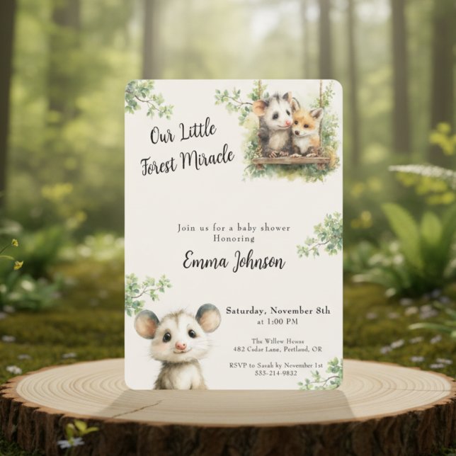 Opossum Baby Shower Invitation • Woodland Animals Spara Datumet (watercolor baby shower invitation with opossum and greenery on a forest background)