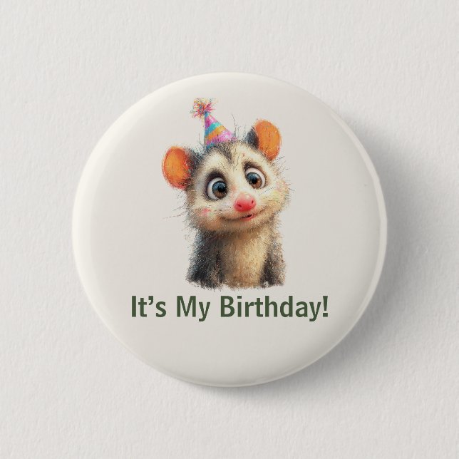 Opossum Birthday Button • Cute Woodland Party Knapp (Framsida)
