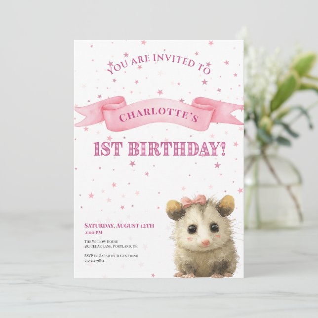Opossum Birthday Invitation • 1st Birthday Spara Datumet (Stående Fram)