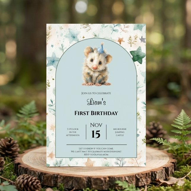 Opossum Birthday Invitation • Cute Woodland Party Spara Datumet (Watercolor opossum birthday invitation on rustic wood slice with soft forest tones.)
