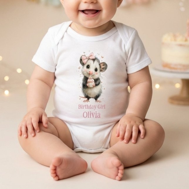 Opossum Birthday Romper • Woodland Animal Outfit T Shirt (cute baby romper with watercolor opossum and birthday girl name on soft party background)