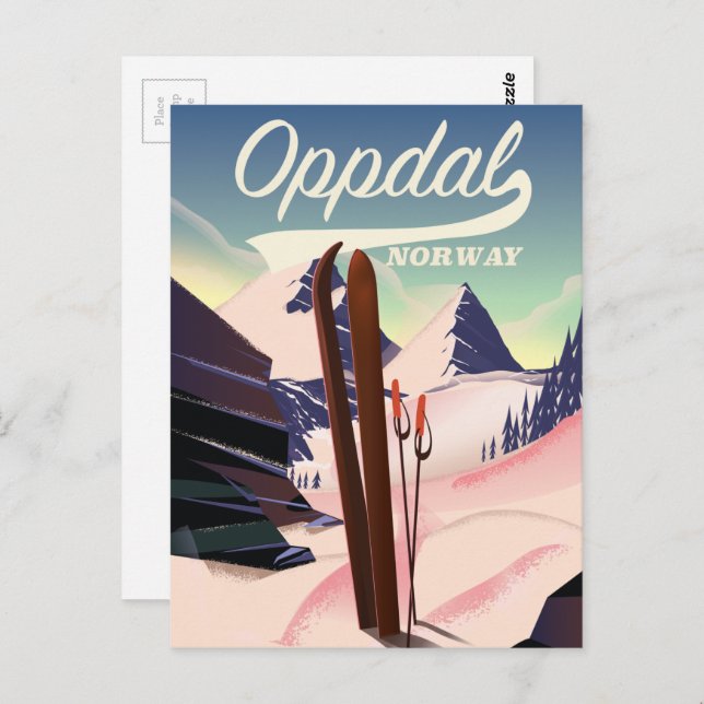 Oppdal norge ski poster. vykort (Fram/baksida)