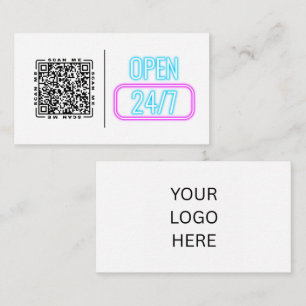 Öppen 24/7 Neon Anpassningsbar QR-kod och logoty Visitkort